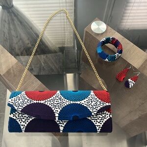 NEW Handmade 5-Piece Ankara Clutch Bag, White Blue Red (No tags)